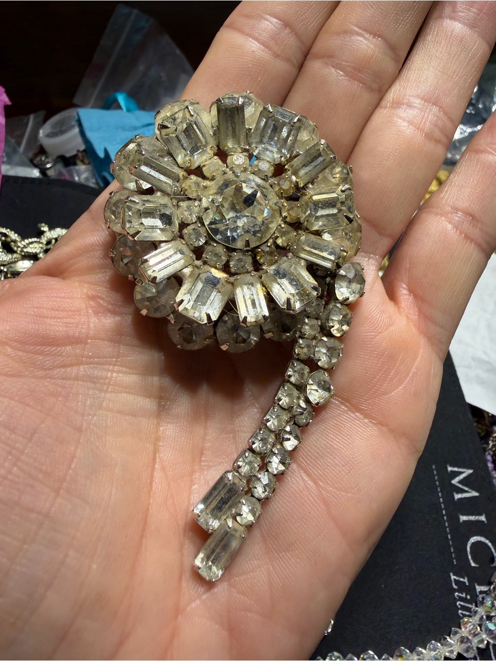 Vintage Juliana Silver Tone Clear Crystal Floral Brooch
